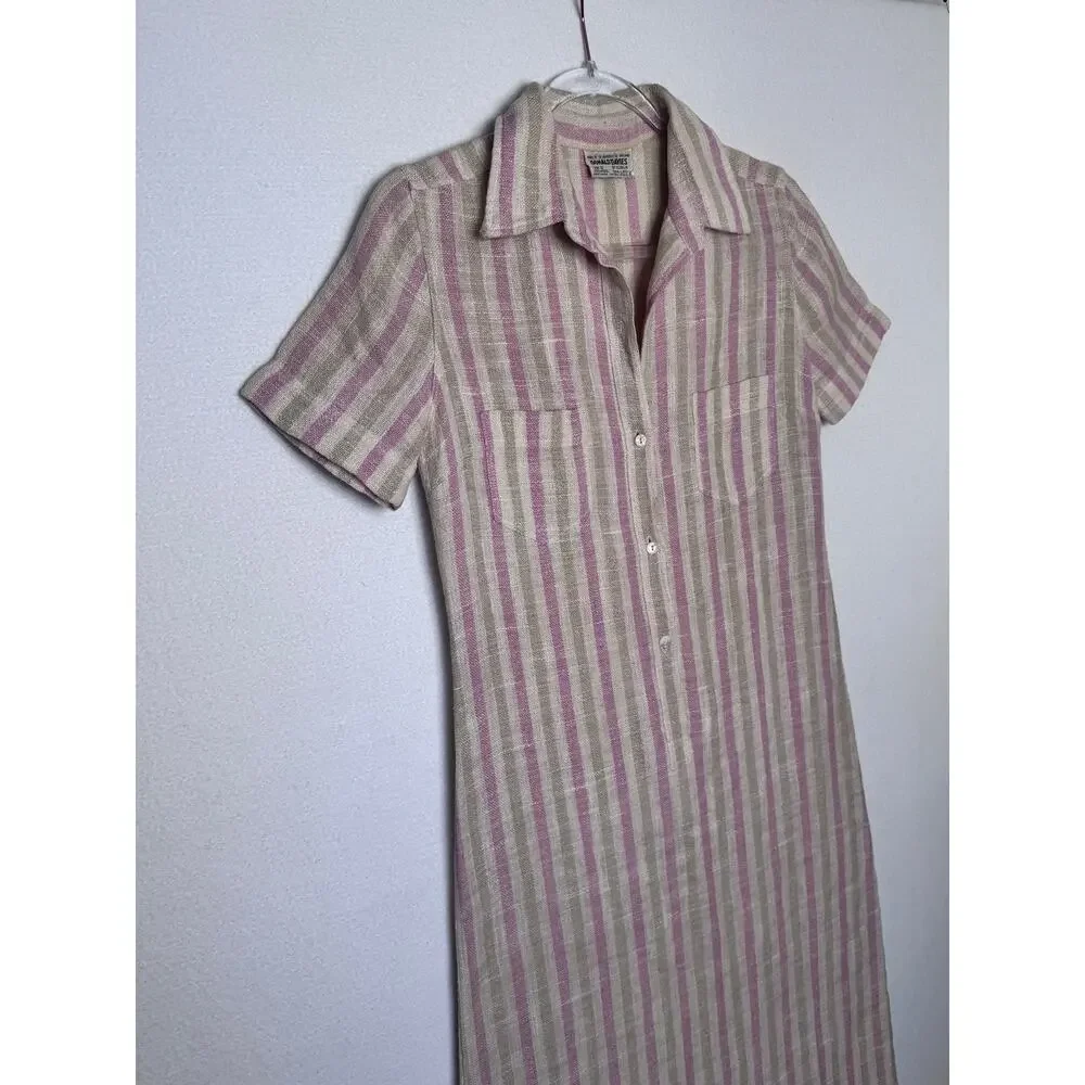 1970s Donal Davies Ireland Linen Wool Stripe Shirt Dress Size Small